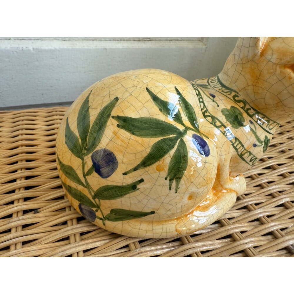 Vintage 70's Ceramic Cat Crackle Glaze Hand Painted Olive Branch - Picture 12 of 13